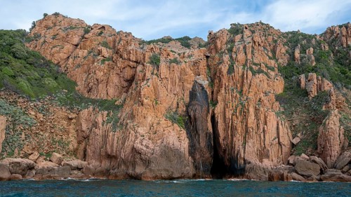 Rock formations and deep blue water, Capo Rosso, Gulf of Porto, Corsica, Corsica, France