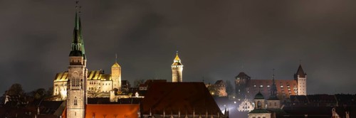 View of the Imperial Castle, St Sebald's Church in front, night shot, Nuremberg, Middle Franconia,