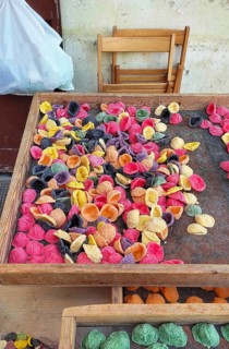 Colourful fresh pasta orecchiette for sale, Bari, Apulia, Southern Italy, Italy