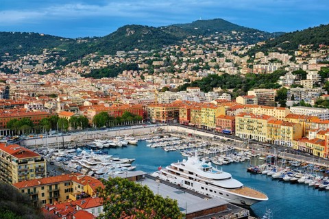 View of Old Port of Nice with luxury yacht boats from Castle Hill, France, Villefranche-sur-Mer,