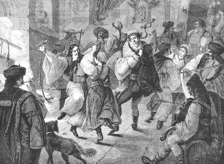 Dancing at a carnival in a village inn, 1869, in Hungary, Historic, digitally restored reproduction
