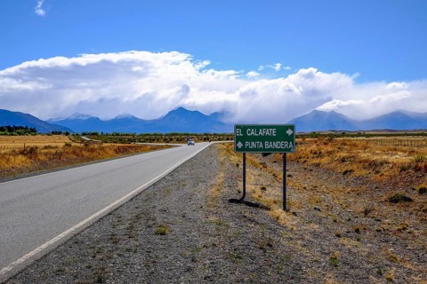 El Calafate, Patagonia, Argentina, R11 country road with little traffic in front of a mountain