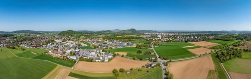 Aerial view, panorama of the municipality of Rielasingen-Worblingen with the industrial estate, on
