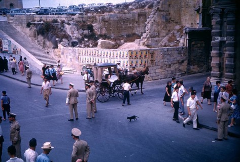 Street scene with horse drawn taxi in Valletta, Malta 1960s