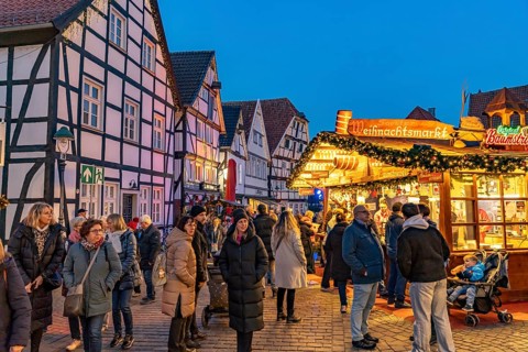 Christmas market and timbering in Soest at dusk, North Rhine-Westphalia, Germany