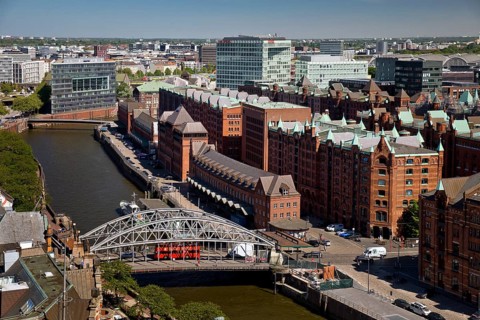 City view from above with the Zollkanal and the Speicherstadt, Hamburg, Germany