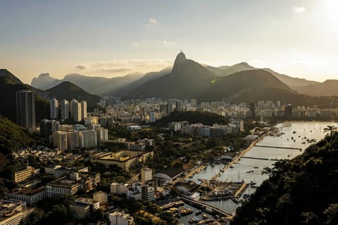 City view in Rio de Janeiro / Brazil seen from the Sugar Loaf Mountain. View of Cristo Redentor, a