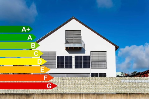 Solar panels on a house wall of a detached house in Aachen, energy efficiency classes according to