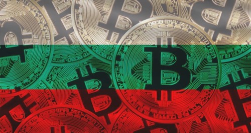 Golden bitcoins on Bulgaria flag background. Bitcoin coins on Bulgaria flag background