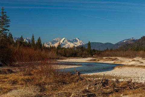 Isar valley nature conservancy area. The wild Isar river flows through its gravel bed past