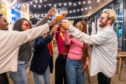 Multi-ethnic group of friends toasting in a bar terrace at night