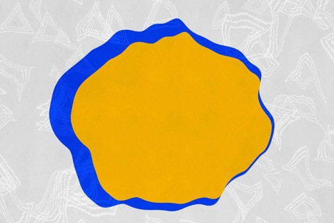 A modern abstract illustration featuring a bold yellow shape outlined with blue on a subtly