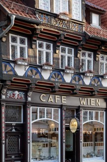Half-timbered house from 1583, listed building, Cafe Wien, Old Town, Wernigerode, Harz,