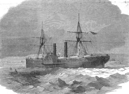 Steamboat trapped in ice on the coast of Denmark, 1869, Historic, digitally restored reproduction