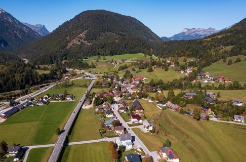 Drone image, residential buildings, view of village, Pichl-Kainisch, Hinterberger Tal,