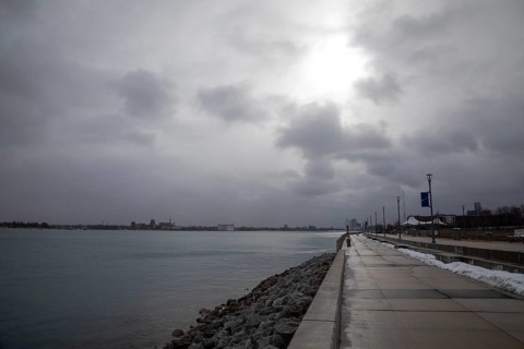 Detroit, Michigan - The Detroit River and the Detroit Riverwalk on a cold, cloudy winter day