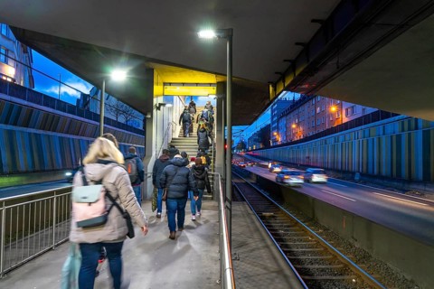 Underground station, Breslauer Straße U18, in the middle of the A40 motorway, Essen city centre,