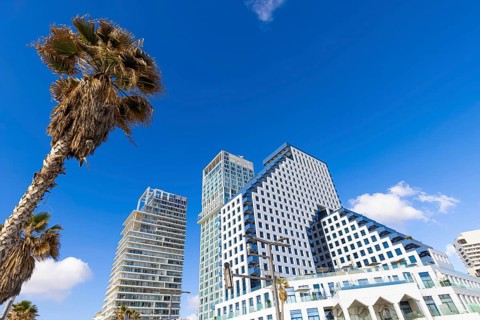 Scenic Tel Aviv coastline seashore promenade with hotels and beaches near Old Jaffa port