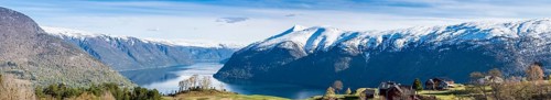 View over meadows and trees towards the Lustrafjord, the inner branch of the Sognefjord, Norway