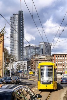 Essen city centre, RWE Tower, EVONIK building, Gutenbergstraße in the southern district, tram line,