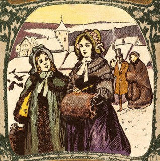 Walk on a wintry Sunday, wealthy parents and children dressed warmly in furs, education, family,