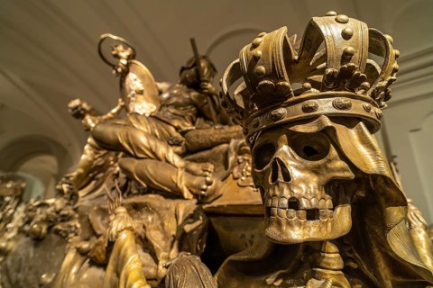 Skull with crown on the sarcophagus of Emperor Charles VI, Capuchin Crypt in Vienna, Austria