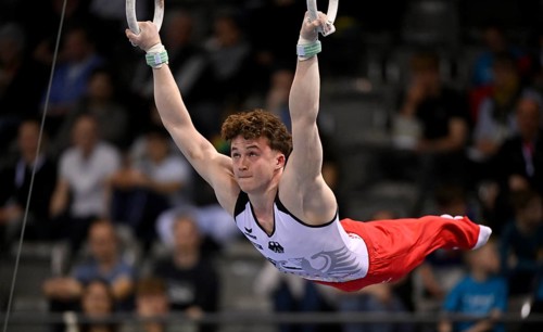 Alexander Kurz GER rings action gymnastics, EnBW DTB-Pokal, Porsche-Arena, Stuttgart,