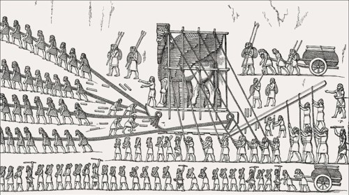Construction site with a Human-headed winged bull, Nineveh, Neo-Assyrian Empire