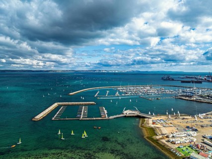Sailboats on Portland Branch RNSA Moorings from a drone, Portland Harbour and Marina, Portland,