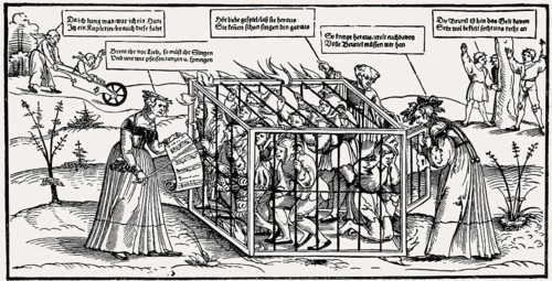 Caricature by Erhard Schön, Cage of Fools, c. 1530