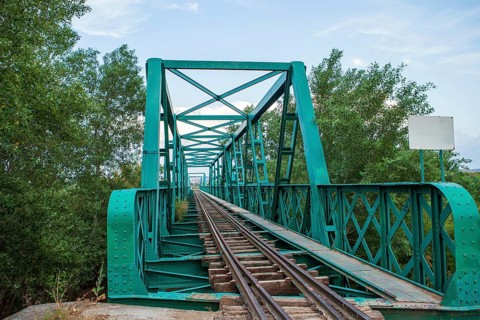 An aged green railroad bridge with rust and weathering stretches over lush foliage, exemplifying a