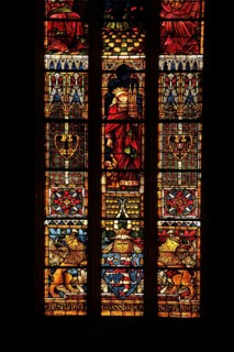 Colourful stained glass window by Alexander Linnemann 1900 with St. Elisabeth and Marburg Elisabeth