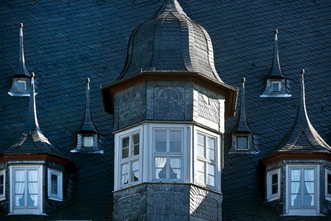 The historic Kaiserworth guildhall, late Gothic building on the market square, detail of gabled