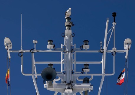Technical masts with travelling seagull on the ferry Norderaue between Wyk auf Föhr and Dagebüll,
