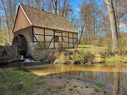 Historic mill on a stream in the middle of the forest under a blue sky, watermill, Jiggel,