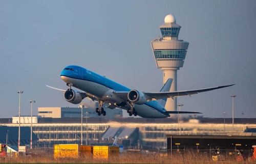 KLM Boeing 787-10 Dreamliner, aircraft taking off from Kaagbaan runway, 06/24, at Amsterdam
