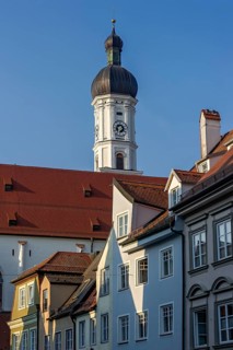 Bell tower, parish church of the Assumption of the Virgin Mary, row of houses, gable of the old