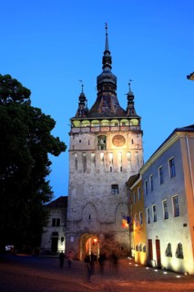 Romania, hour tower in the historic old town of Sighisoara, German Sighisoara, town in Mures