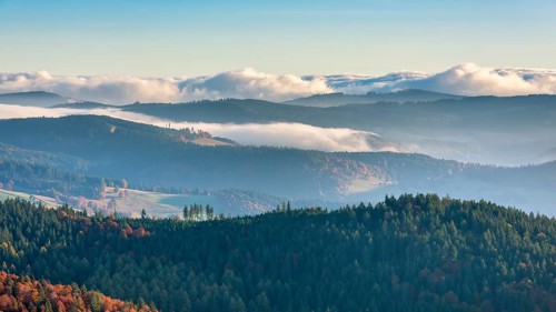 View from the summit of the Belchen (1414m) over the hills of the Black Forest in the morning