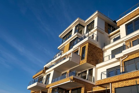 Modern apartment building with balconies, facade in detail, Waren, Müritz, Mecklenburg Lake