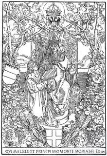 Illustration to the Quatuor libri amorum by Celtes, Celtes presents his work to the Emperor