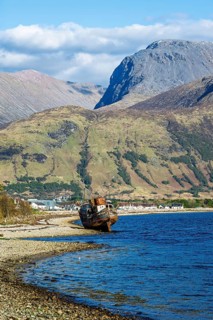 Corpach Wreck or Old Boat of Caol and Nevis Range Mountains, Caol Beach, Corpach, Fort William,