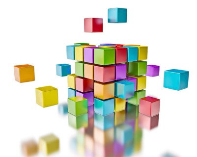 Business team teamwork collaboration concept, colorful color cubes assembling into cubic structure