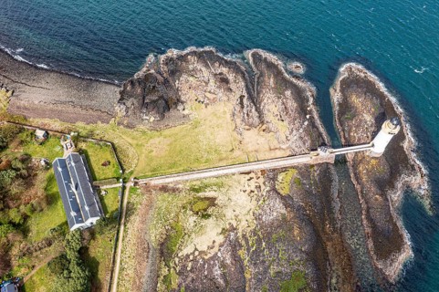 Aerial view of Tobermory lighthouse, Isle of Mull, Scotland, UK