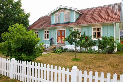 Colourful wooden facade of a Swedish wooden house, facade, colourful, typical, Kristianopel, Sweden