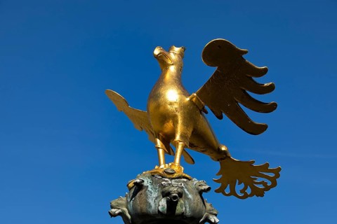 Gilded imperial eagle as a fountain eagle on the market fountain, Old Town, Goslar, UNESCO World
