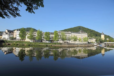 View across the Lahn to the State Statistical Office and Source Tower built in 1907, Spiegelung,