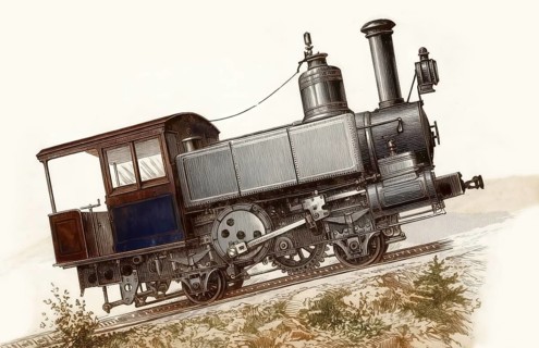 Historic illustration, 19th century, steam locomotive, rack railway, also rack-and-pinion railway,