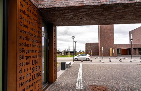 New church, St. Petrus, multi-purpose hall, Keyenberg community centre, with Corten steel panels on