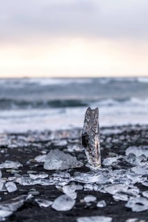 Glacial ice formations sparkle on a black sand beach in Iceland, captured in cool winter light. The